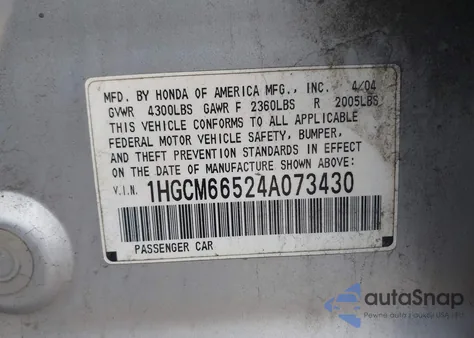 2004 Honda Accord 3.0 Ex z USA, uszkodzony, nr VIN 1HGCM66524A073430